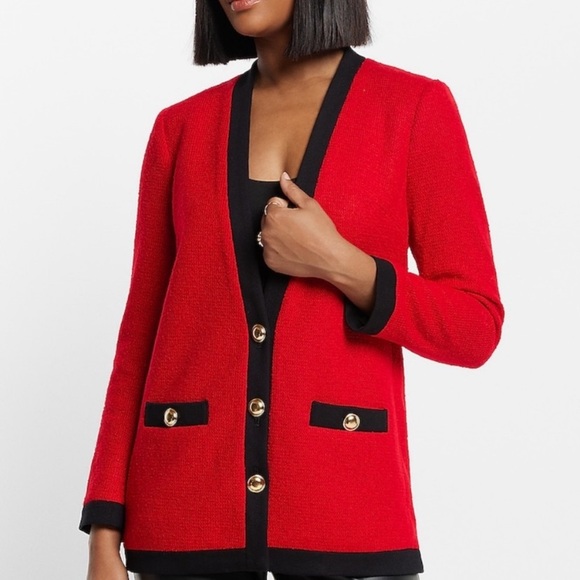 NWOT Express Tipped TWEED Novelty Gold Button
JACKET BLAZER Coat Black Trim - Picture 1 of 7